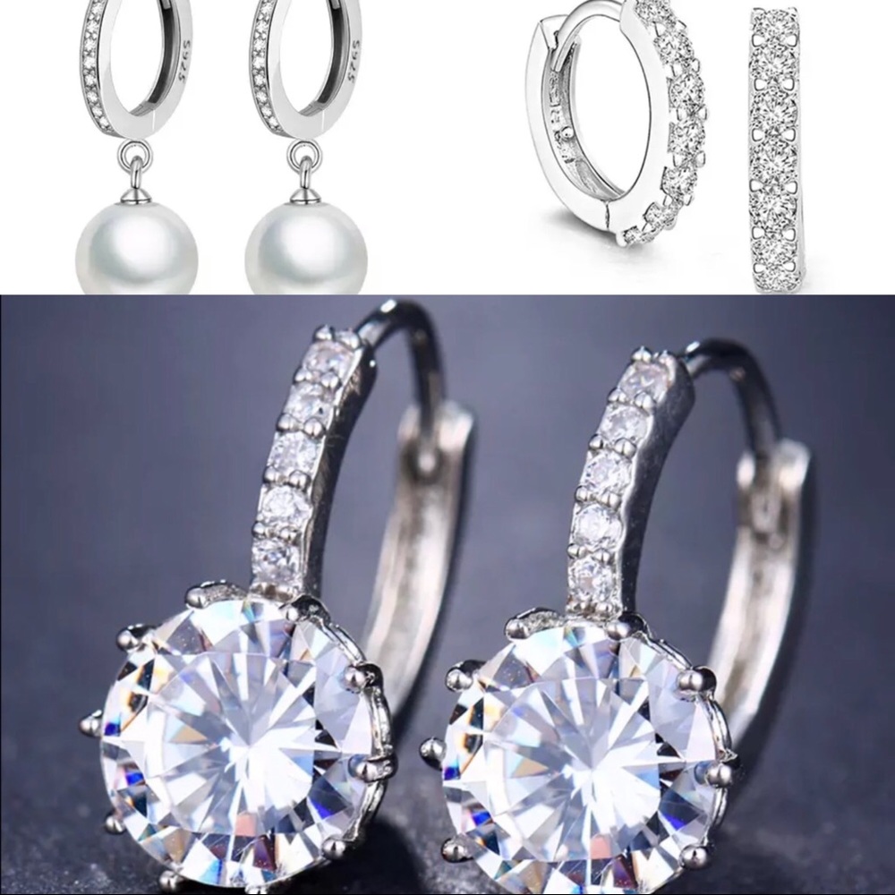 3 Pairs 925 sterling silver hoop crystal pearl dangling fashion earrings